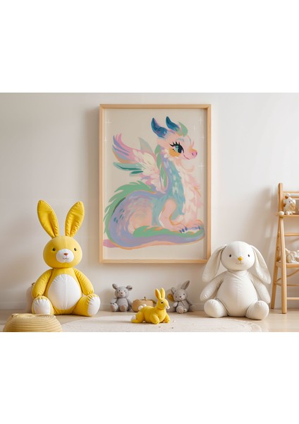 Pastel Renkli Ejderha Çocuk Odası Ahşap Çerçeveli Duvar Tablosu modelleri