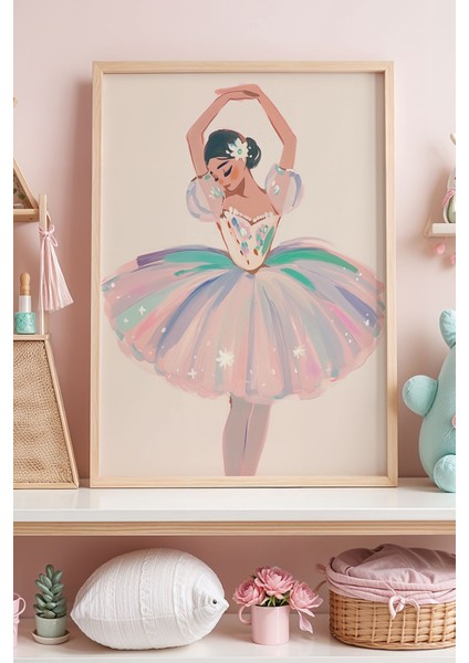 Balerin Figürlü Çocuk Odası Ahşap Çerçeveli Duvar Tablosu