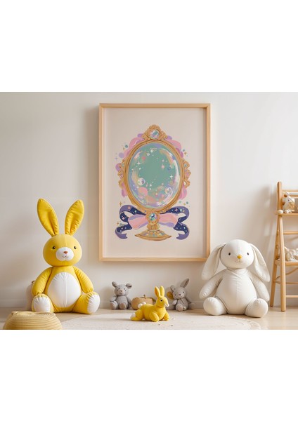 Büyülü Ayna ve Pembe Kurdele Çocuk Odası Ahşap Çerçeveli Duvar Tablosu modelleri