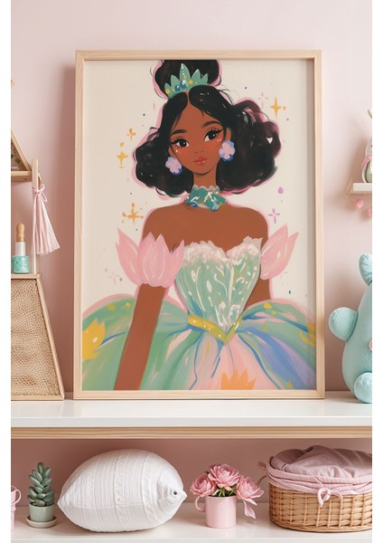 Lotus Çiçekli Prenses Çocuk Odası Ahşap Çerçeveli Duvar Tablosu