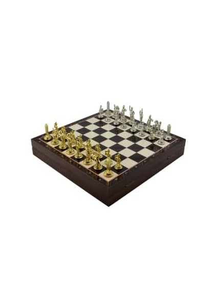 Orta Boy Metal Yunan Satranç Takımı Parlak ve Ceviz Desenli Sandıklı Mdf Tahtası (36X36X6 Cm.)