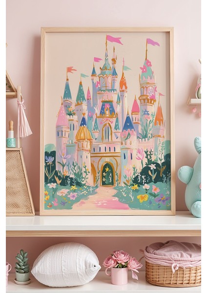 Masal Şatosu Temalı Çocuk Odası Ahşap Çerçeveli Duvar Tablosu