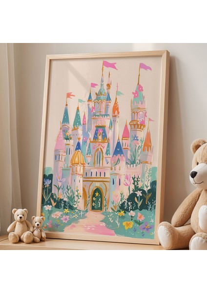 Masal Şatosu Temalı Çocuk Odası Ahşap Çerçeveli Duvar Tablosu fiyatları
