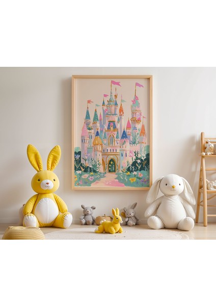 Masal Şatosu Temalı Çocuk Odası Ahşap Çerçeveli Duvar Tablosu modelleri