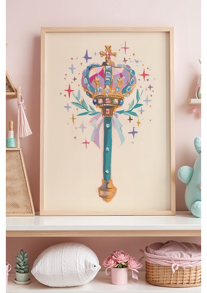 Kristal Taçlı Asa Parlayan Yıldızlarla Çocuk Odası Ahşap Çerçeveli Duvar Tablosu
