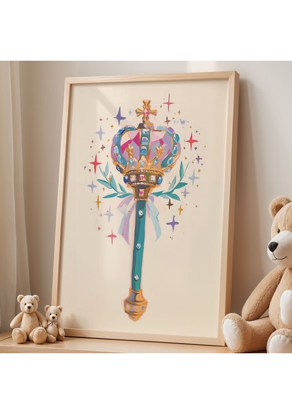 Kristal Taçlı Asa Parlayan Yıldızlarla Çocuk Odası Ahşap Çerçeveli Duvar Tablosu fiyatları