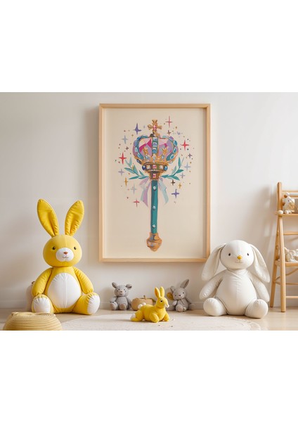 Kristal Taçlı Asa Parlayan Yıldızlarla Çocuk Odası Ahşap Çerçeveli Duvar Tablosu modelleri