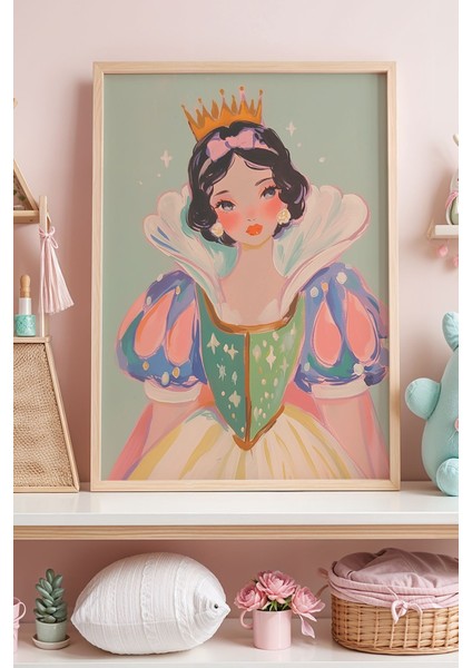 Altın Taçlı Gülümseyen Prenses Çocuk Odası Ahşap Çerçeveli Duvar Tablosu