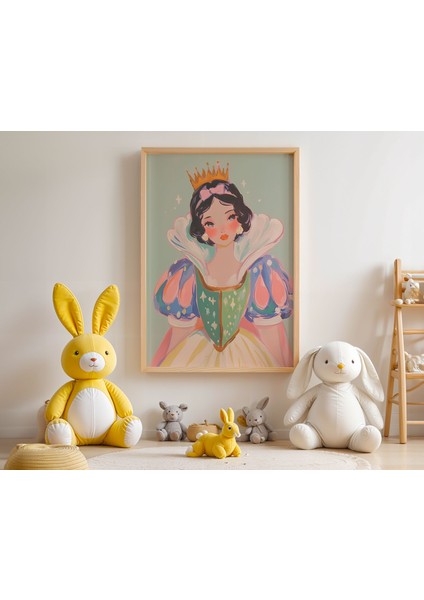 Altın Taçlı Gülümseyen Prenses Çocuk Odası Ahşap Çerçeveli Duvar Tablosu modelleri