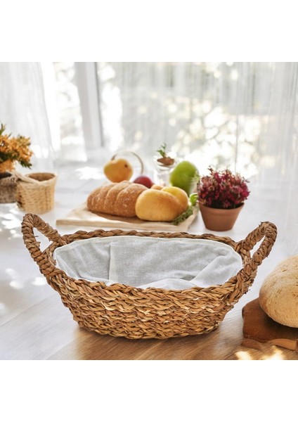 El Yapımı Doğal Hasır Kulplu Çok Amaçlı Dekoratif Oval Sepet, Hasır Kulplu Ekmek Sepeti (27 x 18 x 8 cm )
