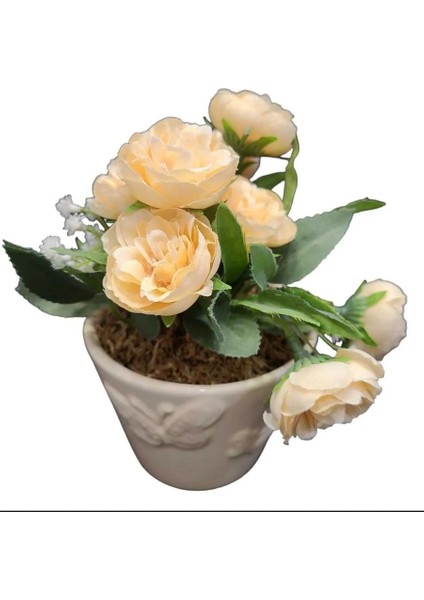 Kendinden Kelebek Desenli Sarı Beyaz Yapay Çiçekli Yeşil Yapraklı Topraklı Yuvarlak Saksı 1 Adet