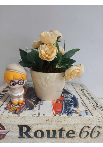 Kendinden Kelebek Desenli Sarı Beyaz Yapay Çiçekli Yeşil Yapraklı Topraklı Yuvarlak Saksı 1 Adet indirimleri