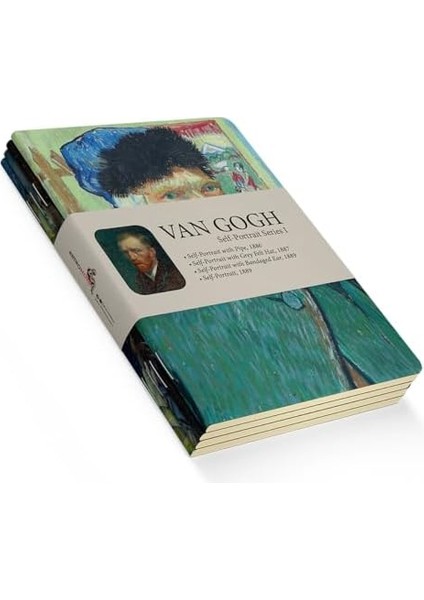 Self-Portrait Series I - A6, Van Gogh 4'lü Defter Seti Iv, Çizgisiz, Toplam 192 Sayfa, Her Biri 48 Sayfa, Tel Dikiş, Esnek Kapak, Oval Kenar, Tuval Doku, 60 Gram, Sarı Krem Renk