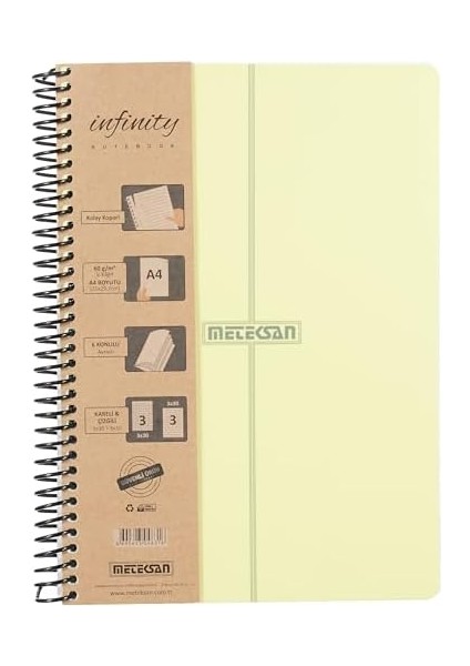 Infinity Pastel Serisi, A4, 6 Konulu (3 Kareli, 3 Çizgili) 180 Yaprak Pp Kapaklı Spiralli Defter, Sarı