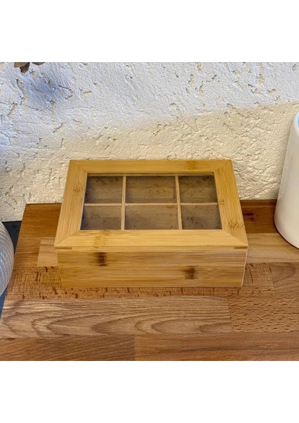 Bambu 6 Bölmeli Çay Kutusu -%100 Orjinal Bambu Mıknatıslı Kapak 21X16,5 X7CM