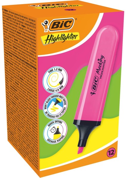 Marking Flat Higlighter Fosforlu Kalem 12'li Kutu, Pembe Fosforlu Kalem, Su Bazlı, Hızlı Kuruyan Mürekkep