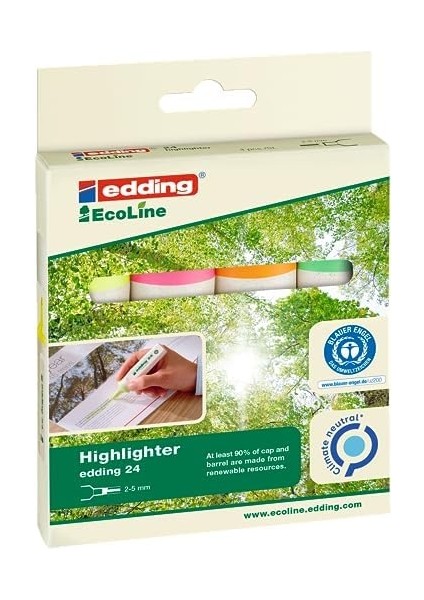24 Ecoline Fosforlu Kalem, 4'lü Set, Karışık Renkler, Kesik Uç