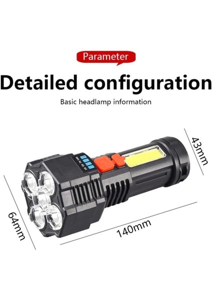 Şarjlı 5 Ledli Ultra Güçlü Profesyonel El Feneri Şarj Göstergeli Su Geçirmez Cob LED Fener Işıldak Ultra Hafif