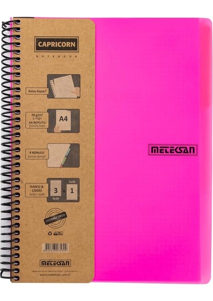 Capricorn Neon Serisi, A4, 6 Konulu (3 Kareli, 3 Çizgili) 180 Yaprak Pp Kapaklı Spiralli Defter, Pembe