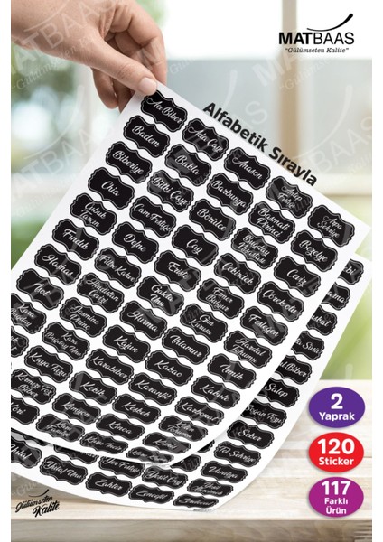 Luxury Siyah 120 Adet Baharat Bakliyat Kuruyemiş Kavanoz Etiketi Sticker 1 Adet