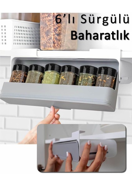 Luxury Sürgülü 6'lı Plastik Baharatlık Organizeri | Dolap Rafına Uyumlu Yapışkanlı 1 Adet