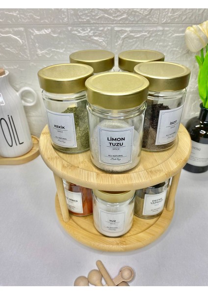 Luxury 10'lu Gold Metal Kapaklı Döner Standlı Etiketli Cam Baharatlık Seti Kaşıklı Saklama Kavanozu 350 ml 1 Adet