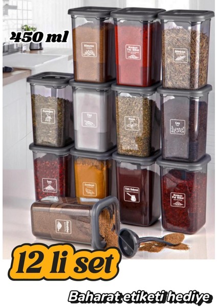 Luxury Baharatlık 12 Li Set Kaşıklı Baharat Saklama Kutusu Etiket Hediyeli 450 ml 1 Adet