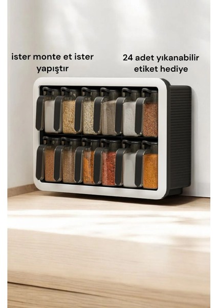 Luxury Standlı 12LI Kendinden Yapışkanlı Kaşıklı Etiketli Kapaklı Baharatlık Takımı 1 Adet
