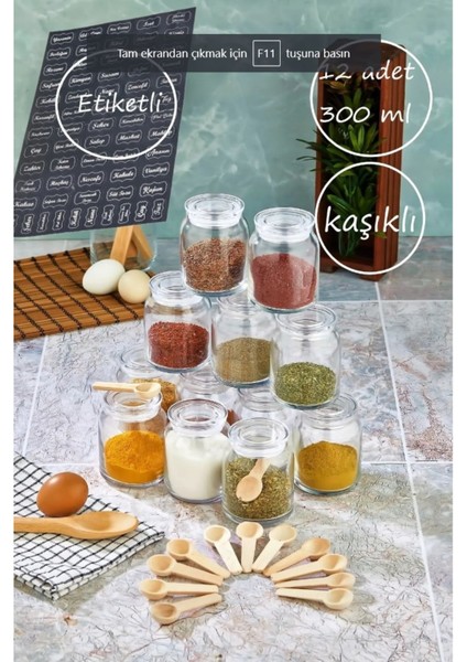 Luxury Etiketli 12 Adet 300 ml (Kaşıklı) Cam Baharatlık Seti Kavanoz Şeffaf Akrilik Kapaklı Saklama Kabı 1 Adet