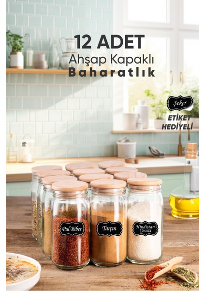 Luxury Etiketli 12 Adet Ahşap Kapaklı 370 ml Cam Baharatlık Kavanoz Seti 1 Adet
