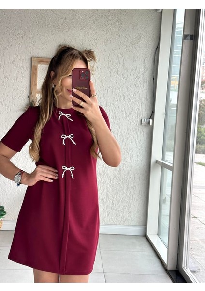 Buketli Kadın Inciden Kurdela Detaylı Kıa Kol Kısa Boy Elbise