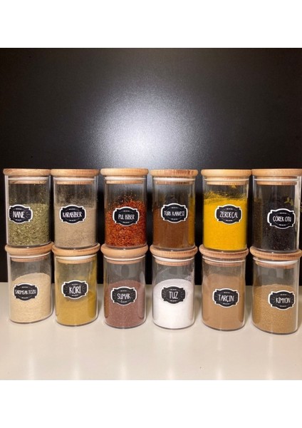 Luxury 12'li Bambu Kapaklı Etiketli Cam 250 ml Baharatlık Seti Baharatlık Takımı 1 Adet modelleri