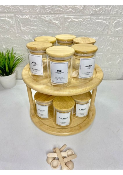 Luxury 12'li Bambu Kapaklı Döner Standlı Borosilikat Cam Baharatlık(Etiket Kaşık DAHIL)200ML 1 Adet
