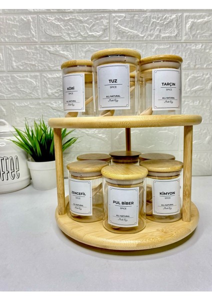 Luxury 12'li Bambu Kapaklı Döner Standlı Borosilikat Cam Baharatlık(Etiket Kaşık DAHIL)200ML 1 Adet