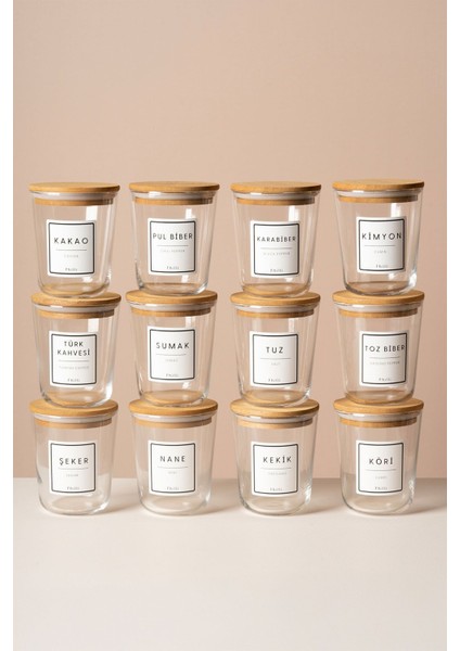 Luxury Motto - 12'li Ayous Ağacı Vakum Kapaklı Etiket Hediyeli Cam Saklama Kabı Baharatlık Seti 315 ml 1 Adet