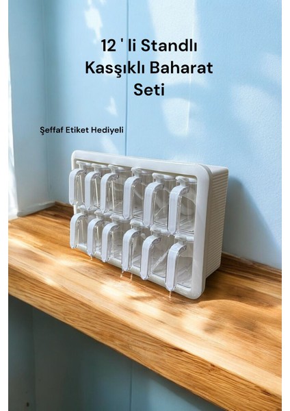 Luxury Standlı 12LI Kendinden Yapışkanlı Kaşıklı Etiketli Kapaklı Baharatlık Takımı 1 Adet