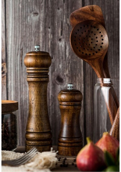 Luxury Ahşap Baharat Tuz Öğütücü Değirmen Tuzluk Baharatlık 14 cm ve 21 cm 2'li Set Kahverengi 1 Adet