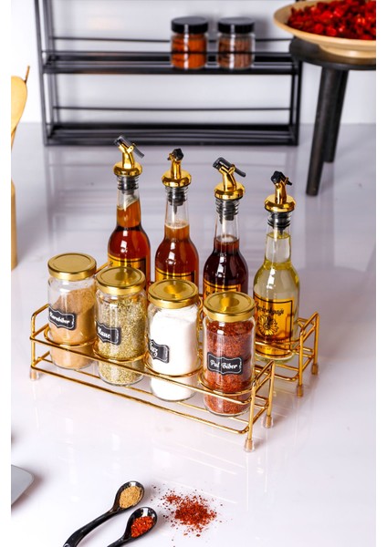 Luxury Metal Standlı Tezgah Üstü Baharatlık ve Yağdanlık Seti - 4'lü Cam Yağlık ve 4'lü Cam Baharatlık-Gold 1 Adet