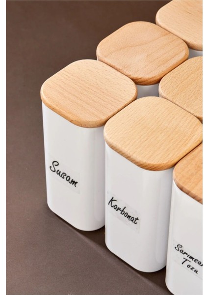 Luxury 12'li Etiketlli 300 ml Bambu Ahşap Kapaklı Akrilik Mika Baharatlık Saklama Kabı - Vakumlu Sızdırmaz. 1 Adet fiyatları