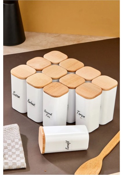 Luxury 12'li Etiketlli 300 ml Bambu Ahşap Kapaklı Akrilik Mika Baharatlık Saklama Kabı - Vakumlu Sızdırmaz. 1 Adet modelleri