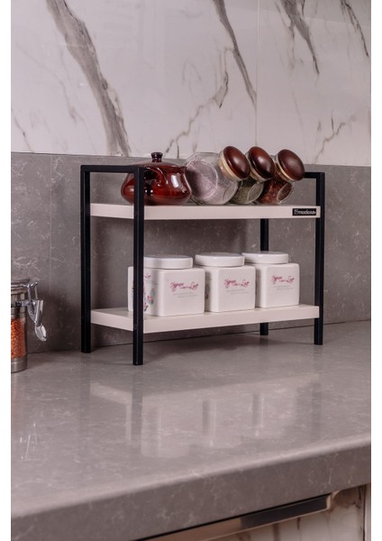 Luxury Masaüstü Mutfak-Banyo Rafı Tezgah Üstü Düzenleyici Baharatlık Raf Metal-Ahşap Masa Üstü Servis Rafı. 1 Adet