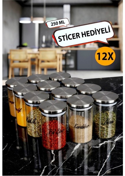 Luxury 12'li Etiketli 250 ml Metal Vakumlu Kapaklı Borosilikat Cam Baharatlık Saklama Kabı Seti 1 Adet