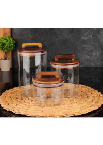 Luxury Mien 3'lü Vakumlu Akasya Kapak Cam Baharatlık 1 Adet