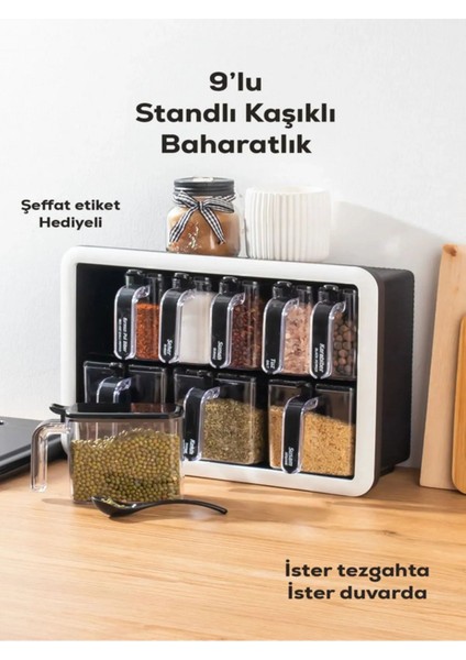 Luxury Baharatlık Takımı 9'lu Standlı Kendinden Yapışkanlı Kaşıklı 1 Adet