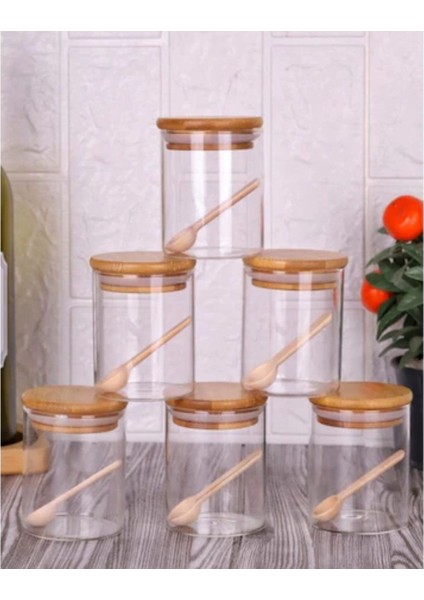 Luxury 6’lı Kaşıklı Bambu Kapaklı Borosilikat Cam 250 ml Baharatlık Seti Baharatlık Takımı 1 Adet