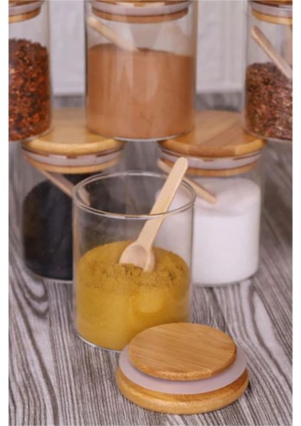 Luxury 6’lı Kaşıklı Bambu Kapaklı Borosilikat Cam 250 ml Baharatlık Seti Baharatlık Takımı 1 Adet modelleri