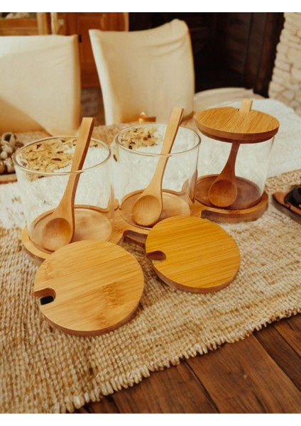 Luxury 3 Lü Bambu Kapak, Kaşık,standlı Cam Baharatlık, Reçellik Set 1 Adet