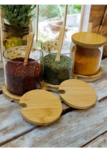 Luxury 3 Lü Bambu Kapak, Kaşık,standlı Cam Baharatlık, Reçellik Set 1 Adet fiyatları