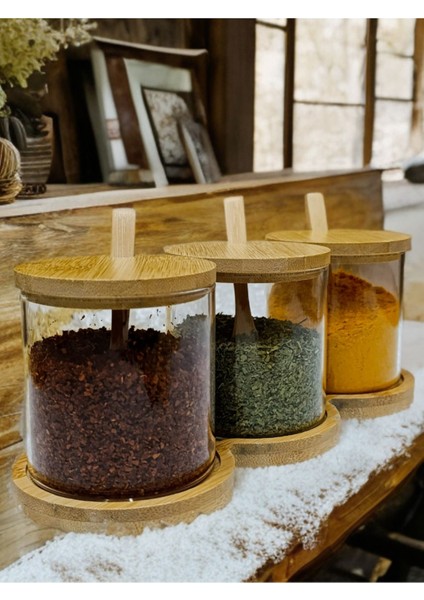 Luxury 3 Lü Bambu Kapak, Kaşık,standlı Cam Baharatlık, Reçellik Set 1 Adet fırsatları