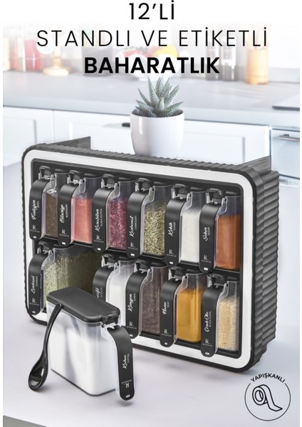 Luxury 12'li Standlı Kendinden Yapışkanlı Kaşıklı Baharatlık Takımı - Etiketli Kulplu Kapaklı Baharatlık 1 Adet modelleri